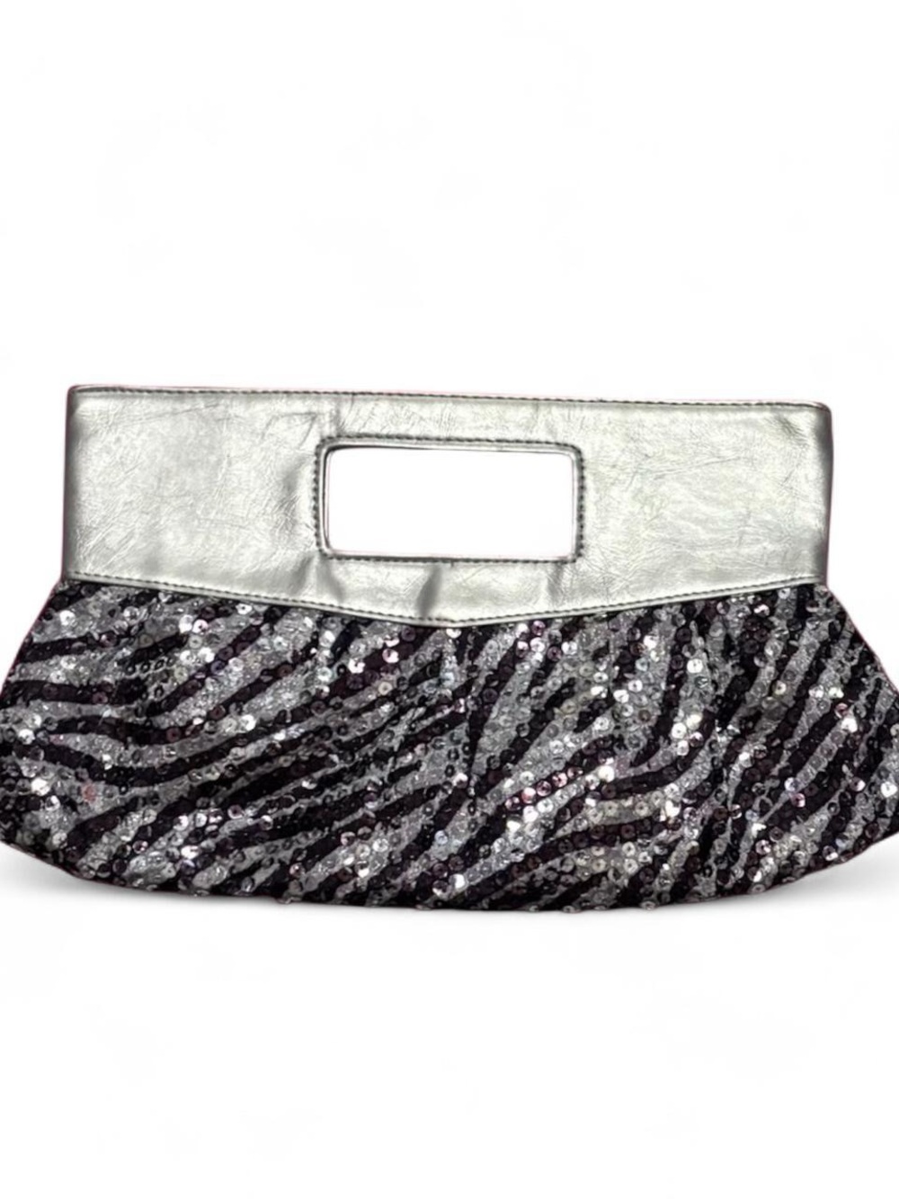 Y2K 2010s Sparkly Mcbling Zebra Print Sequined Silver Clutch